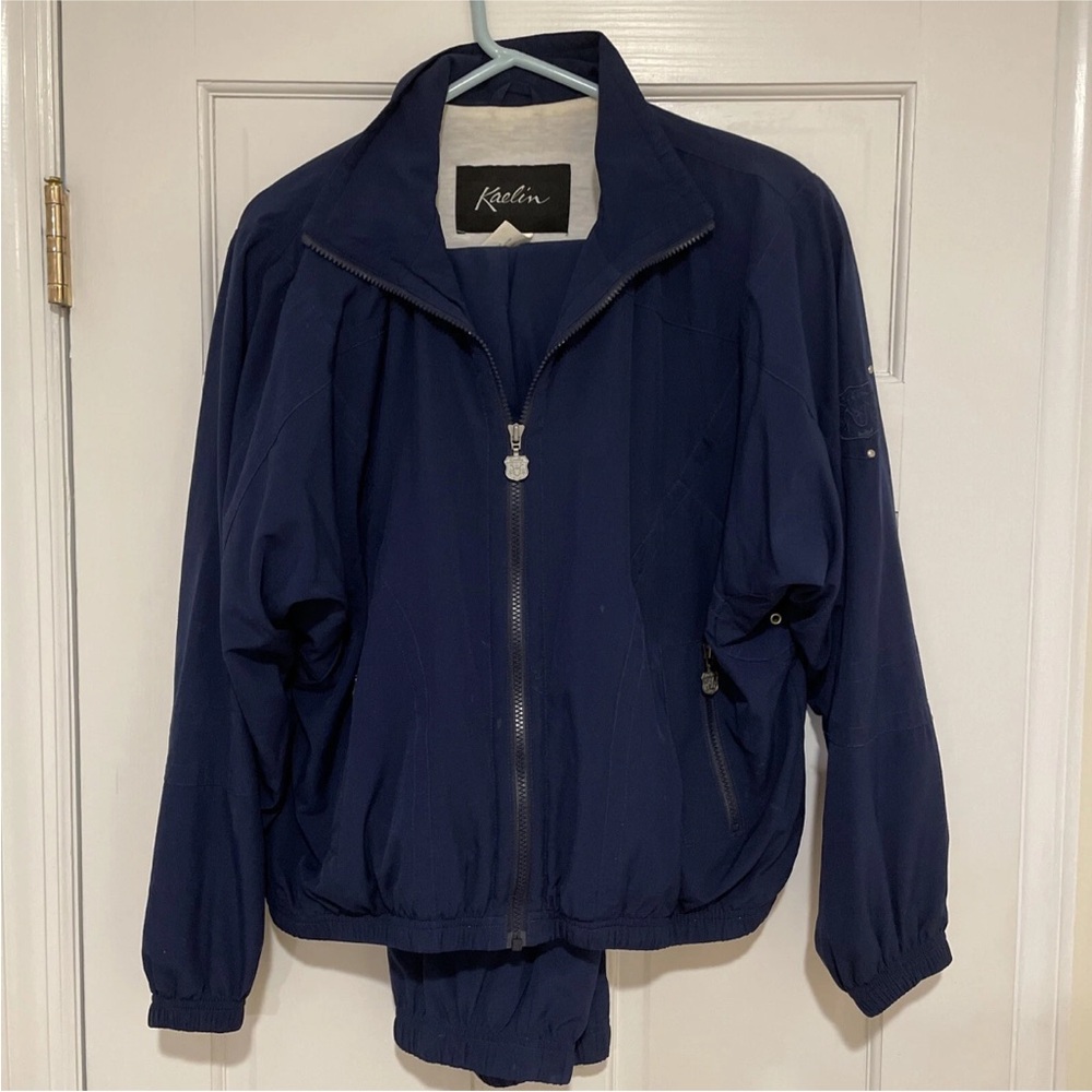 Kaelin Women Large Navy Blue Two Piece Track Suit Lined Jacket Pants Jogging EUC
